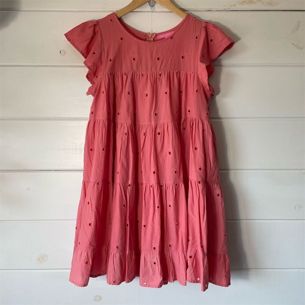 Simply Southern Peachy Pink Pineapple Eyelet Tiered‎ Dress Size Large